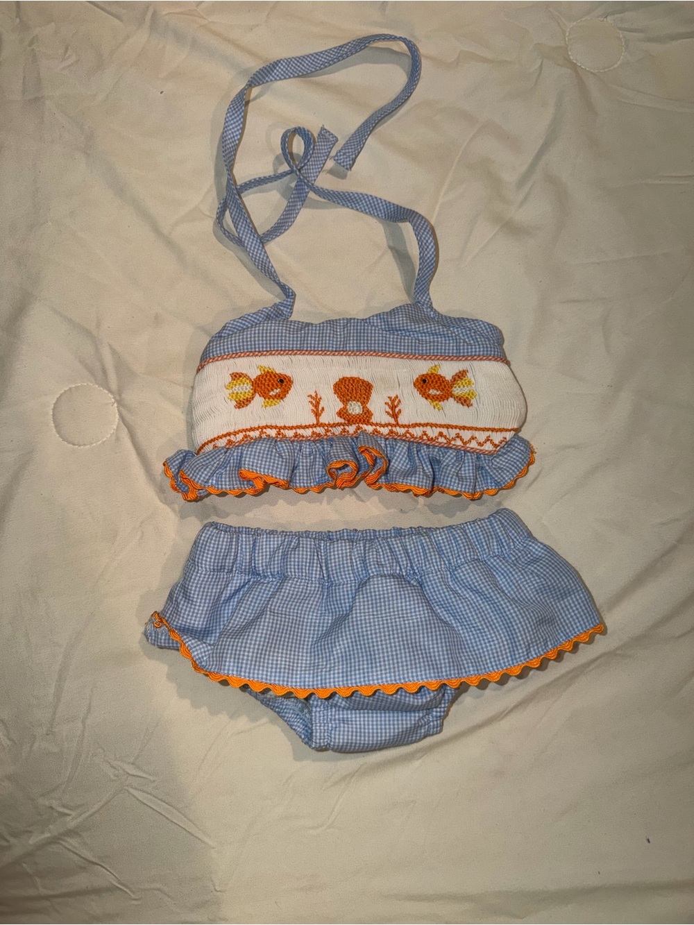 Blue Gingham Fish Smocked Two-Piece Swim Set for Kids smocked
